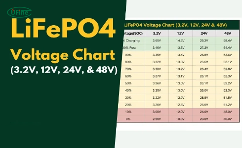 LiFePO4 battery voltage chart for 3.2V, 12.8V, 25.6V and 51.2V systems